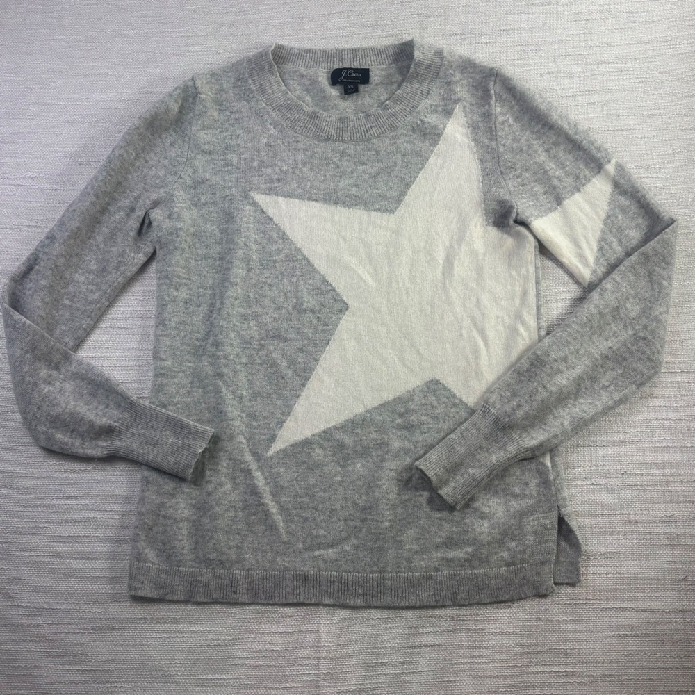 J.Crew 100% Cashmere Star Intarsia Crewneck Sweater Gray White XS